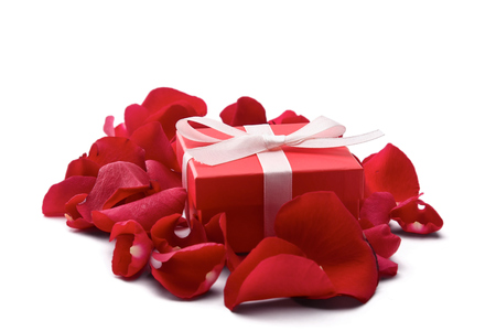 Gift box and red rose petals isolated on white background.の写真素材