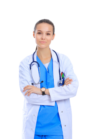 Beautiful caucasian nurse isolated on white background.の写真素材