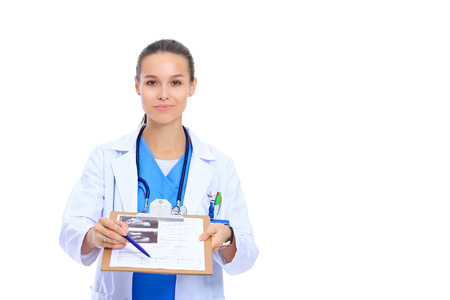 Female doctor with clipboard,isolated on white background.の写真素材