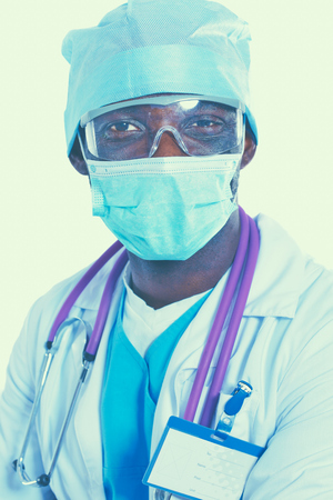 Portrait of a doctor man standing isolated on white background.の写真素材