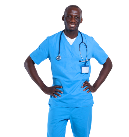 Portrait of a doctor man standing isolated on white backgroundの写真素材