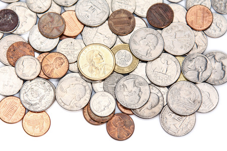 Many coins money euro dollar cash on deskの写真素材