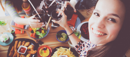 Group of people doing selfie during lunch. Self. Friends. Friends are photographed for eatingの写真素材