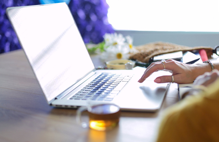 Young woman holding credit card and using laptop computer. Online shopping conceptの写真素材