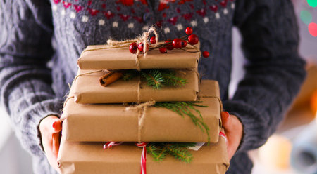 Hands of woman holding christmas gift box. Christmas