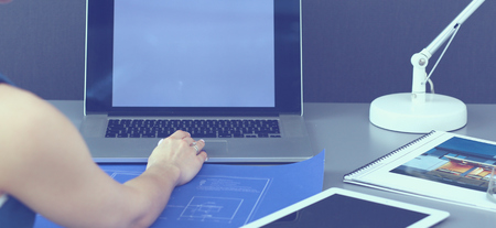 Architect working with drawing.の写真素材