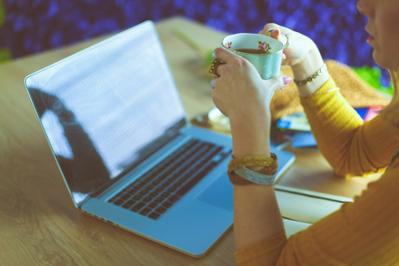 Young woman holding credit card and using laptop computer. Online shopping conceptの写真素材