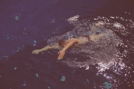 Young man swimming the front crawl in a poolの写真素材