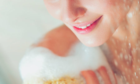 Young beautyful woman under shower in bathroom.