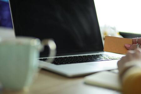 Young woman holding credit card and using laptop computer. Online shopping concept.の写真素材