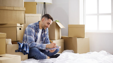 A moving man sitting on the floor in empty apartment, Among the Boxes, Checking the List of Things
