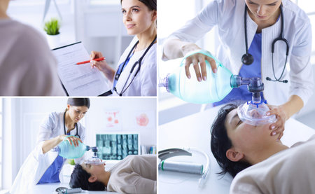 Doctor putting an oxygen mask in the hospital