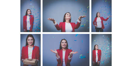 Beautiful happy woman at celebration party with confetti .Birthday or New Year eve celebrating concept.の写真素材