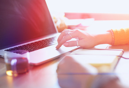 Young woman holding credit card and using laptop computer. Online shopping conceptの写真素材