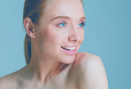 Adult woman portrait, skin care concept, beautiful skin and handsの写真素材