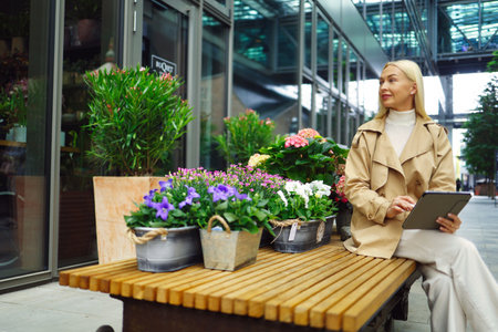 Portrait of caucasian girl successful owner environment friendly concept bannerの写真素材