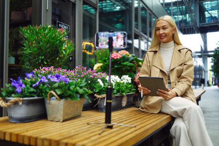 Portrait of caucasian girl successful owner environment friendly concept bannerの写真素材