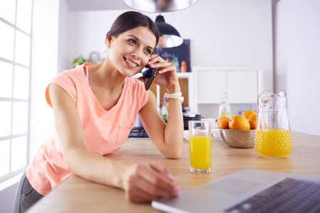 Young woman in kitchen with laptop computer looking recipes, smiling. Food blogger conceptの写真素材