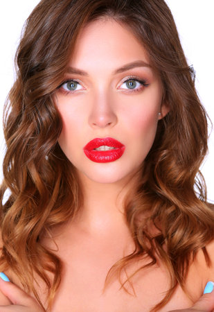 Beautiful woman skin with red lips on white backgroundの写真素材