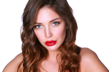 Beautiful woman skin with red lips on white backgroundの写真素材