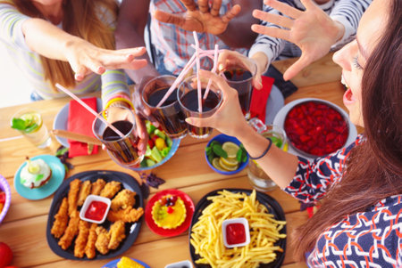 Group of people doing selfie during lunch. Self. Friends. Friends are photographed for eatingの写真素材