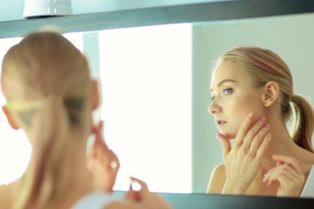 Face of young beautiful healthy woman and reflection in the mirrorの写真素材