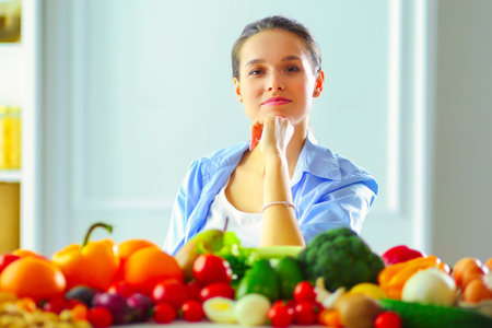 Young and cute woman sitting at the table full of fruits and vegetables in the wooden interiorの写真素材
