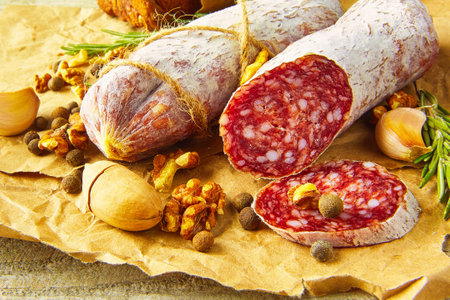 Italian salami wih sea salt, rosemary, garlic and nuts on paper. Rustic style. Close up.の写真素材