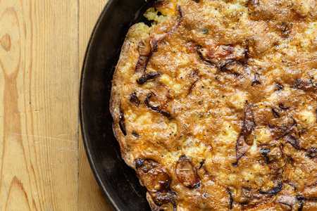 Frittata with onions, just taken from the oven.の写真素材