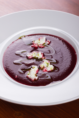 Beetroot soup with gorgonzola and olive oil.の写真素材