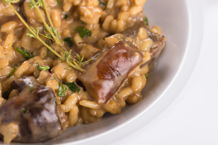 Risotto with boletus mushrooms and fresh thyme served on a white plate.の写真素材