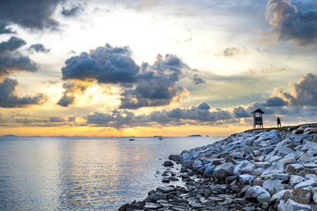 beautiful of sunshine up from the sea in the morningの写真素材