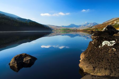 mountain lake in wales ukの写真素材