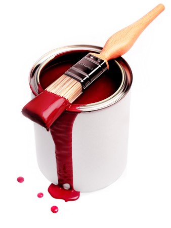 Tin of red paint and paint brushの写真素材