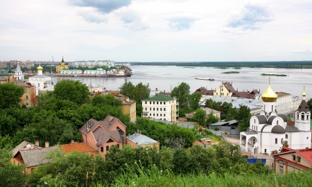 Panoramic june summer view of Nizhny Novgorod Russiaの写真素材