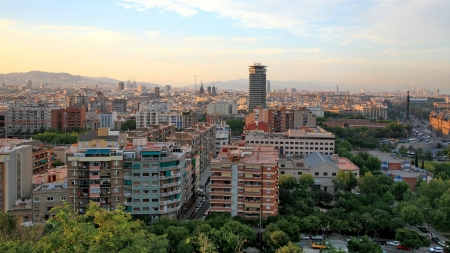 Twilight view of Barcelona Spainの写真素材