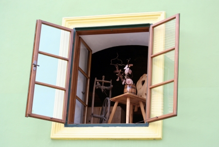 Decorated window in Czech Krumlovの写真素材