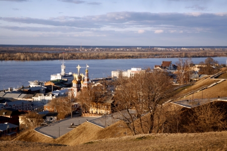 Russia. Nizhny Novgorod: View of Nizhne-Volzhskaya Embankment, river Volga. Spring time. April.の写真素材