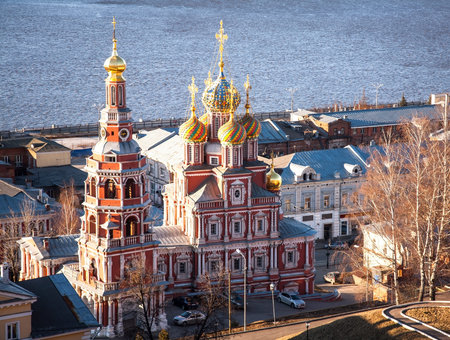 Sunset spring view Stroganov Church Nizhny Novgorod Russia
