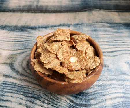 Healthy cereals in wooden bowlの写真素材