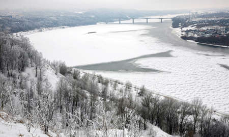 View of the snow-covered Oka River from the city park in Nizhny Novgorodの写真素材