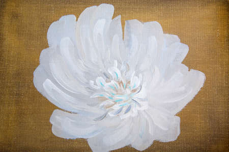 Abstract white flower painted with oil paints on dark gold canvasの写真素材