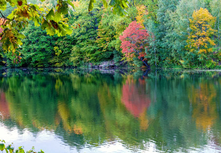 Picturesque autumn landscape with colorful trees and their reflection in the lake