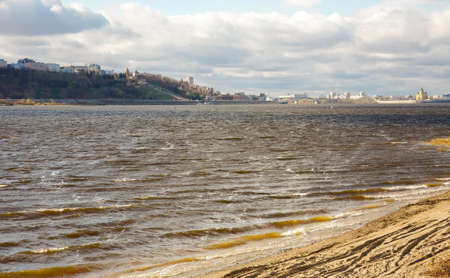 Autumn storm on the Volga river against the background of Nizhny Novgorodの写真素材