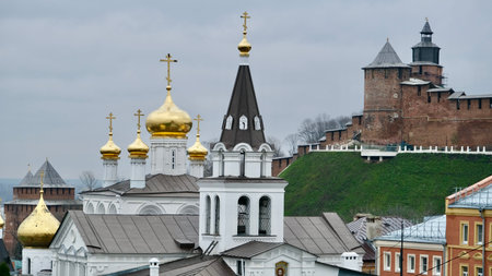 Church of Elijah the Prophet against the backdrop of the Nizhny Novgorod Kremlin with a new...