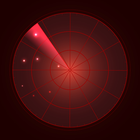 Red radar screen with targets in process ,dynamic illustration . Conceptual design of radar screen. Vector.のイラスト素材