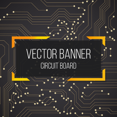 circuit black yellow golden board banner with text. vector background. illustrationのイラスト素材