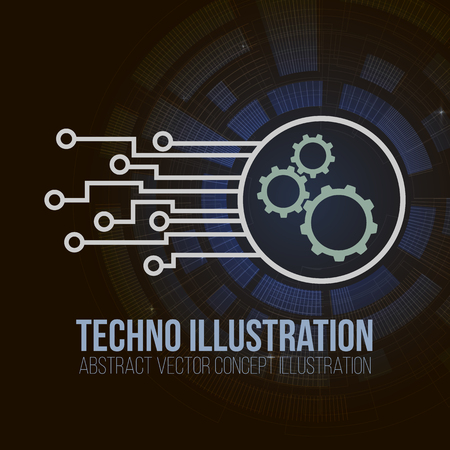 Circuit board banner vector on dark background. Gears, engineering and tech, motherboard and computer design, vector illustrationのイラスト素材