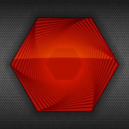 Red hexagonal banner with layers. Button on dark techno background Vector illustration.のイラスト素材