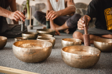 Ukraine, Odessa, Koblevo - august 26-29 - Sound meditation with Tibetan singing bowls at Avatar yoga festival on august 26-29, 2016の写真素材